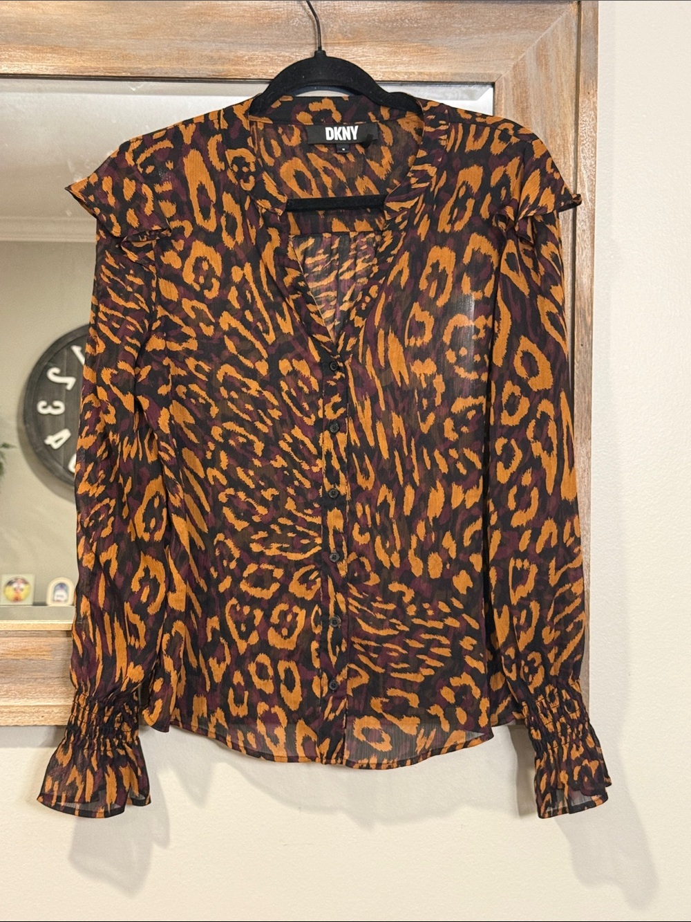 DKNY Brown and Black Leopard Print Sheer Button Blouse
